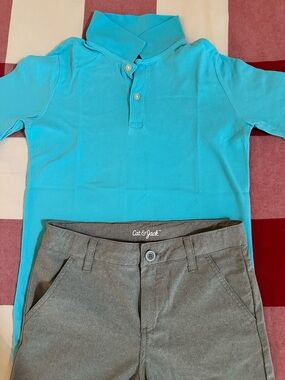 Osh Kosh B’ Gosh polo in blue, size 10 and Cat & Jack Boys active shorts in gray
